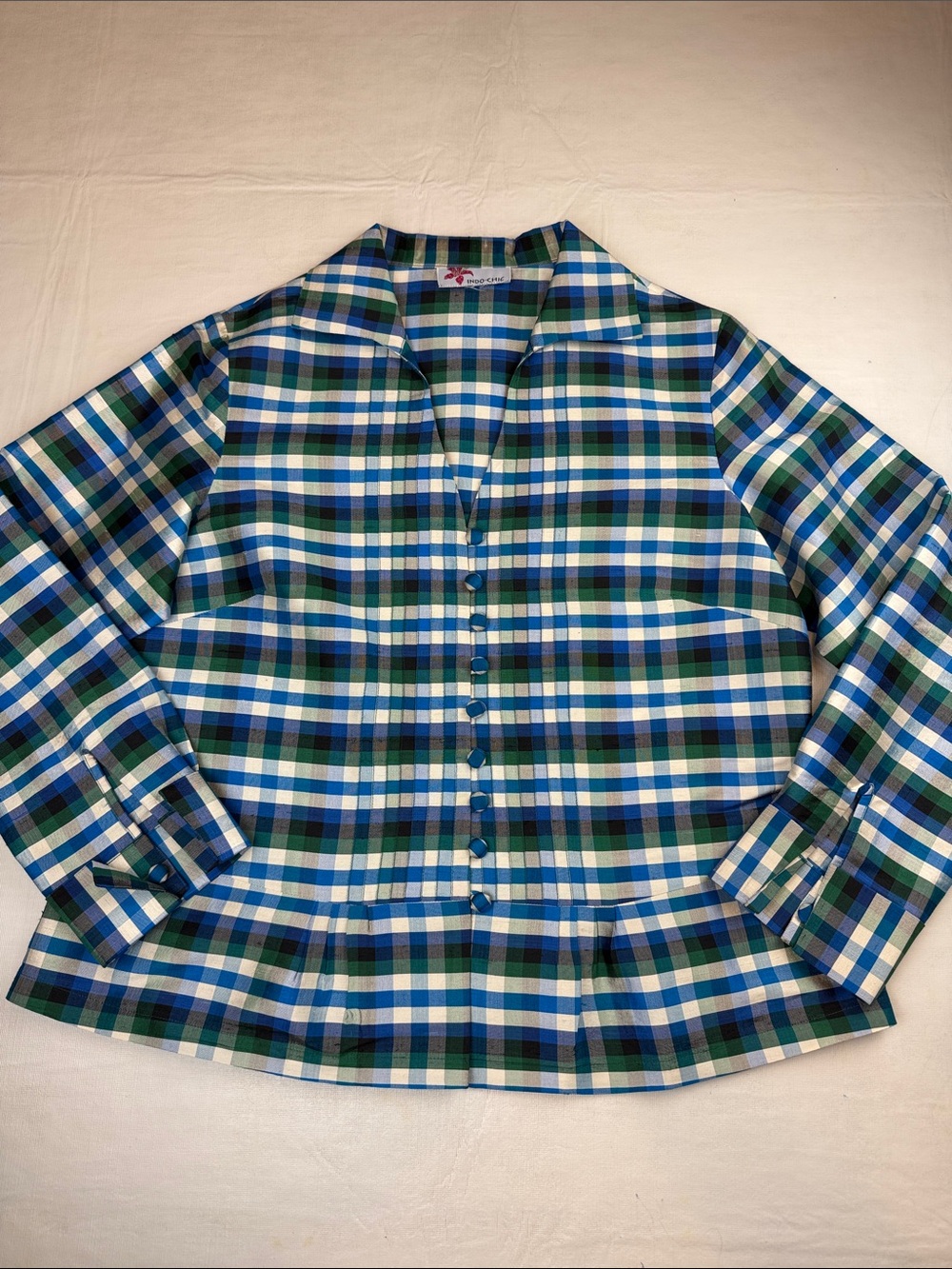 Indo-chic V-neck  Button-Front Women's Blouse Blue and Green Plaid Size L